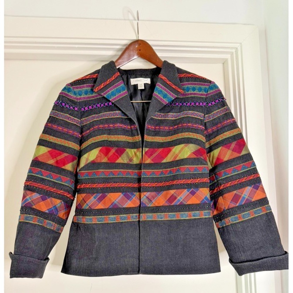 Wom Petite Sz 10 COLDWATER CREEK Denim Stripped Aztec Granny Core Blazer Jacket‎